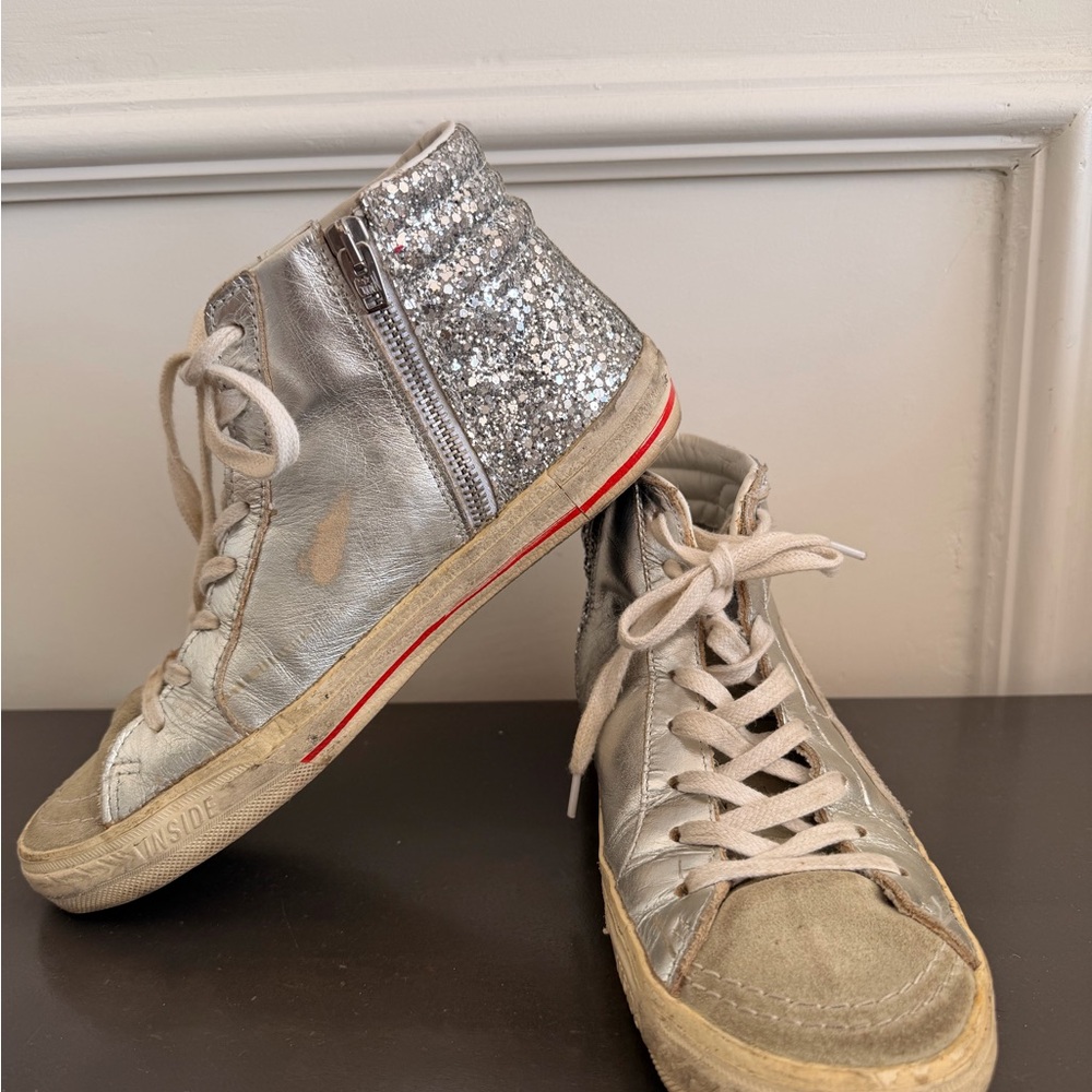 Golden Goose Silver Glitter High-Top Sneakers with Red Sole Stripe